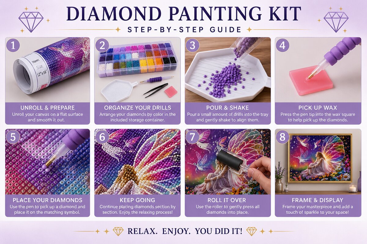 Eight step instructions for completing a diamond painting kit from unrolling the canvas to framing and display | Azurra Shop