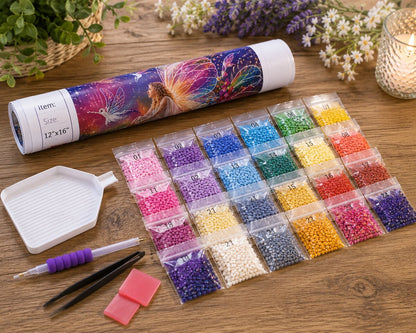 Diamond painting kit supplies including rolled canvas, 24 numbered diamond bags, applicator pen, and tweezers | Azurra Shop