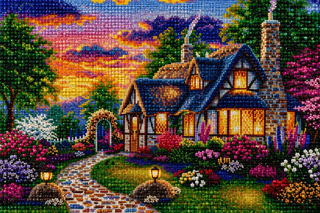 Close up of the finished enchanted Tudor cottage diamond painting with sparkling drills | Azurra Shop