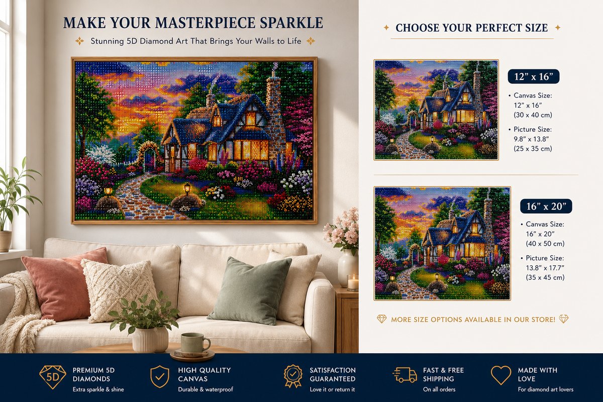 Framed Tudor cottage diamond painting displayed above a cream sofa in a bright living room | Azurra Shop