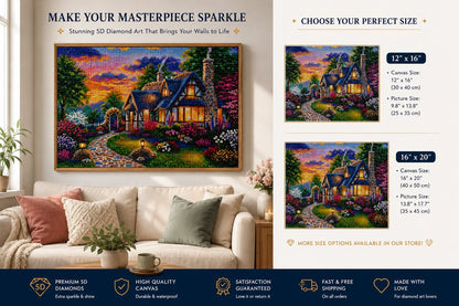 Framed Tudor cottage diamond painting displayed above a cream sofa in a bright living room | Azurra Shop