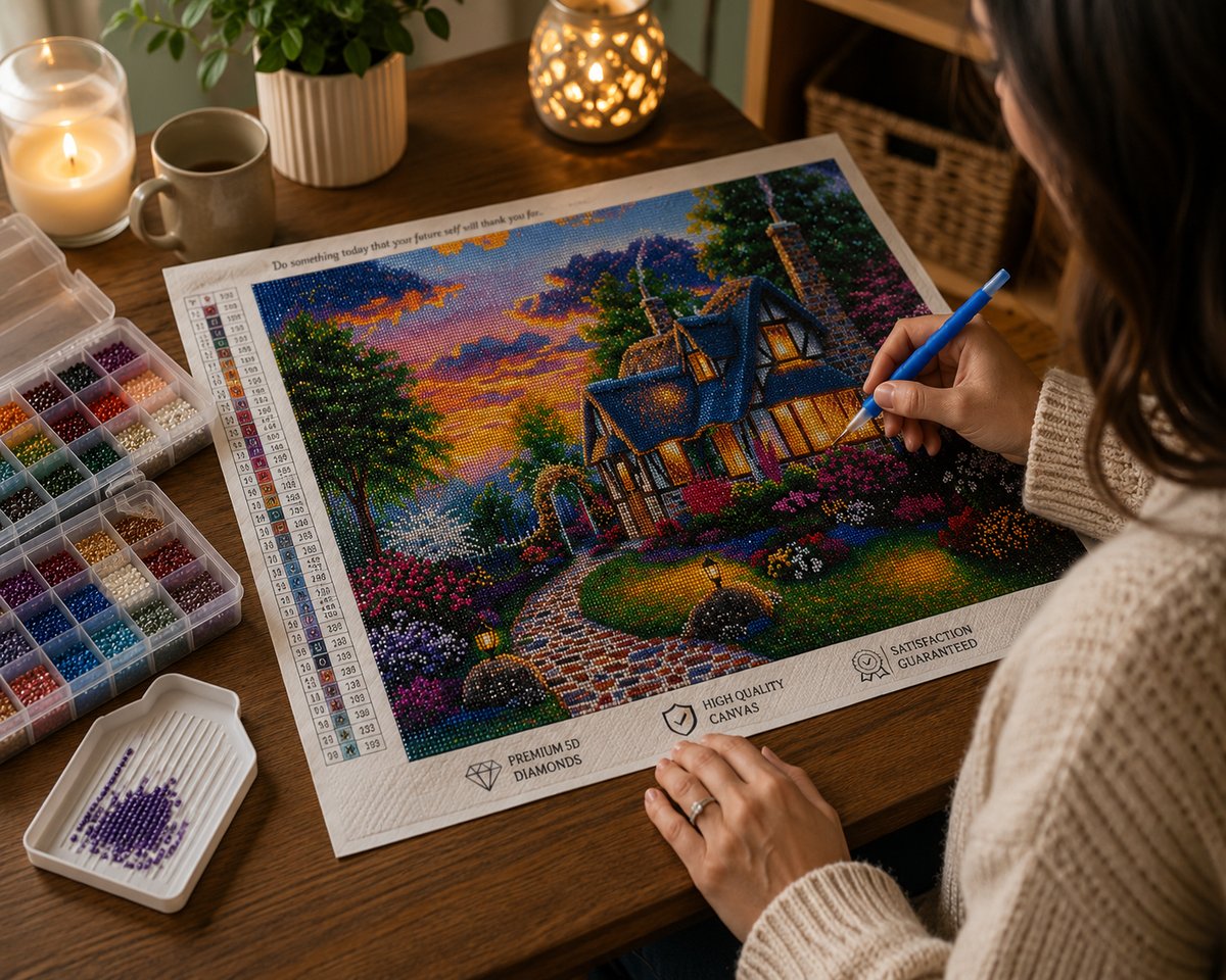 Working on the Tudor cottage kit at a warm candlelit desk with a lantern and plant | Azurra Shop