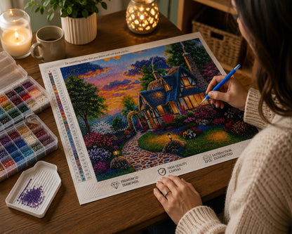 Working on the Tudor cottage kit at a warm candlelit desk with a lantern and plant | Azurra Shop