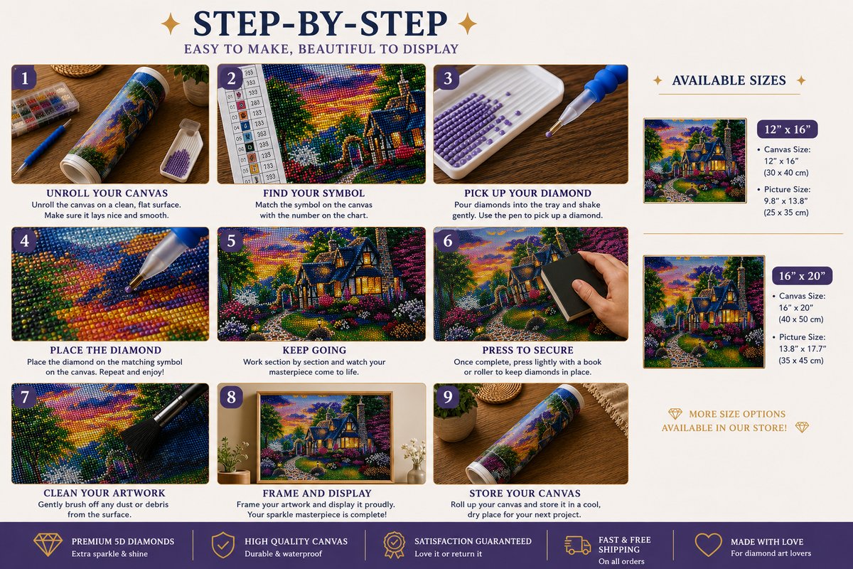Nine step guide showing how to complete the Tudor cottage diamond painting | Azurra Shop