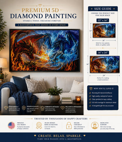 Epic dragon battle diamond painting framed on a wall, available in 12 by 16 and 16 by 24 inch sizes | Azurra Shop