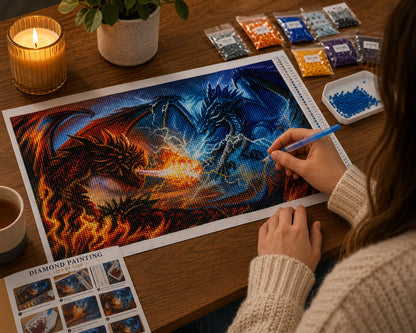 Woman placing diamonds on the epic dragon battle canvas at a table with tea and a candle | Azurra Shop