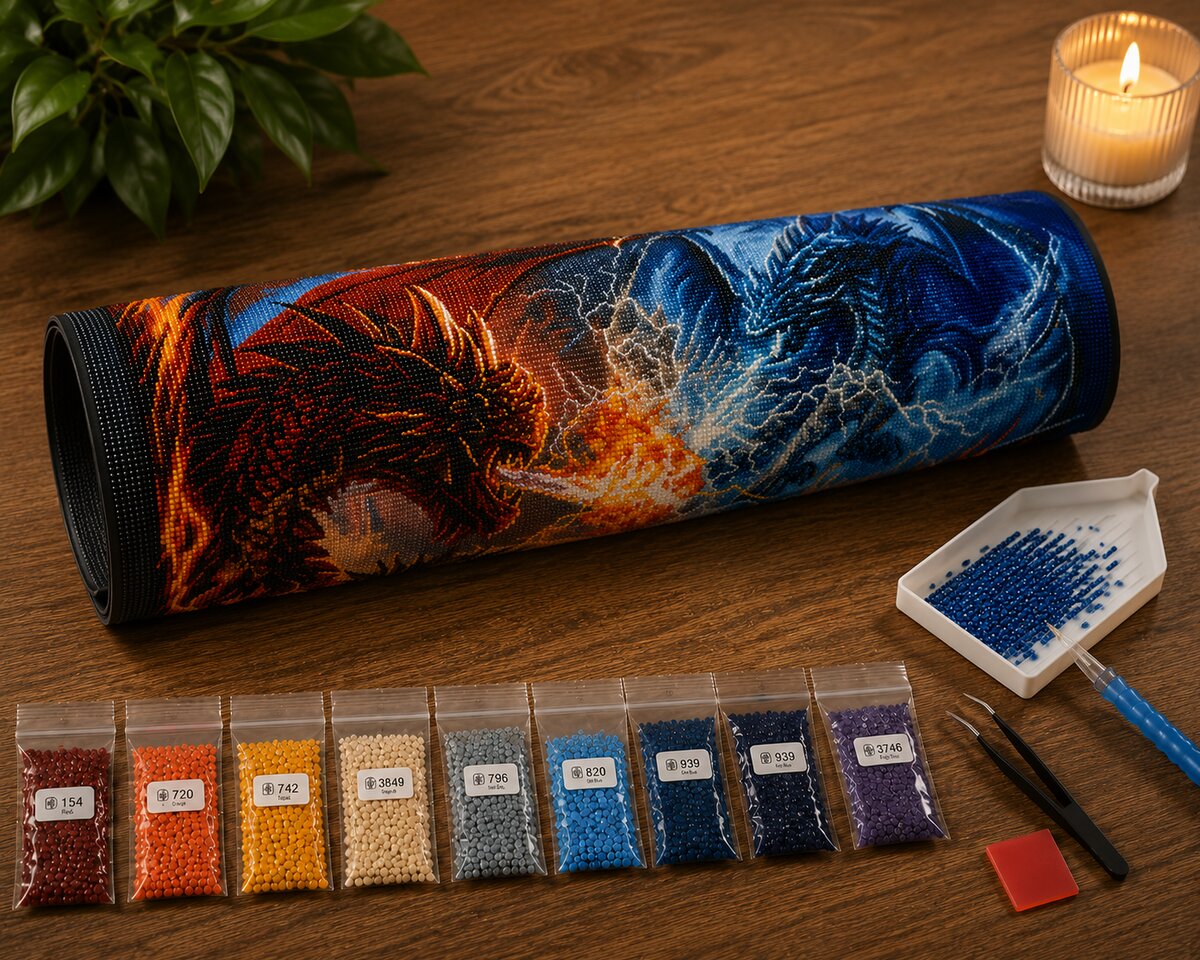 Diamond painting kit supplies including rolled canvas, numbered diamond bags, applicator pen, and tweezers | Azurra Shop