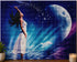 Finished ethereal moon goddess diamond painting with a woman in a flowing white dress reaching toward a glowing blue moon | Azurra Shop