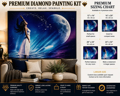 Ethereal moon goddess diamond painting framed above a living room sofa, available in 4 sizes from 12 by 16 to 24 by 32 inches | Azurra Shop