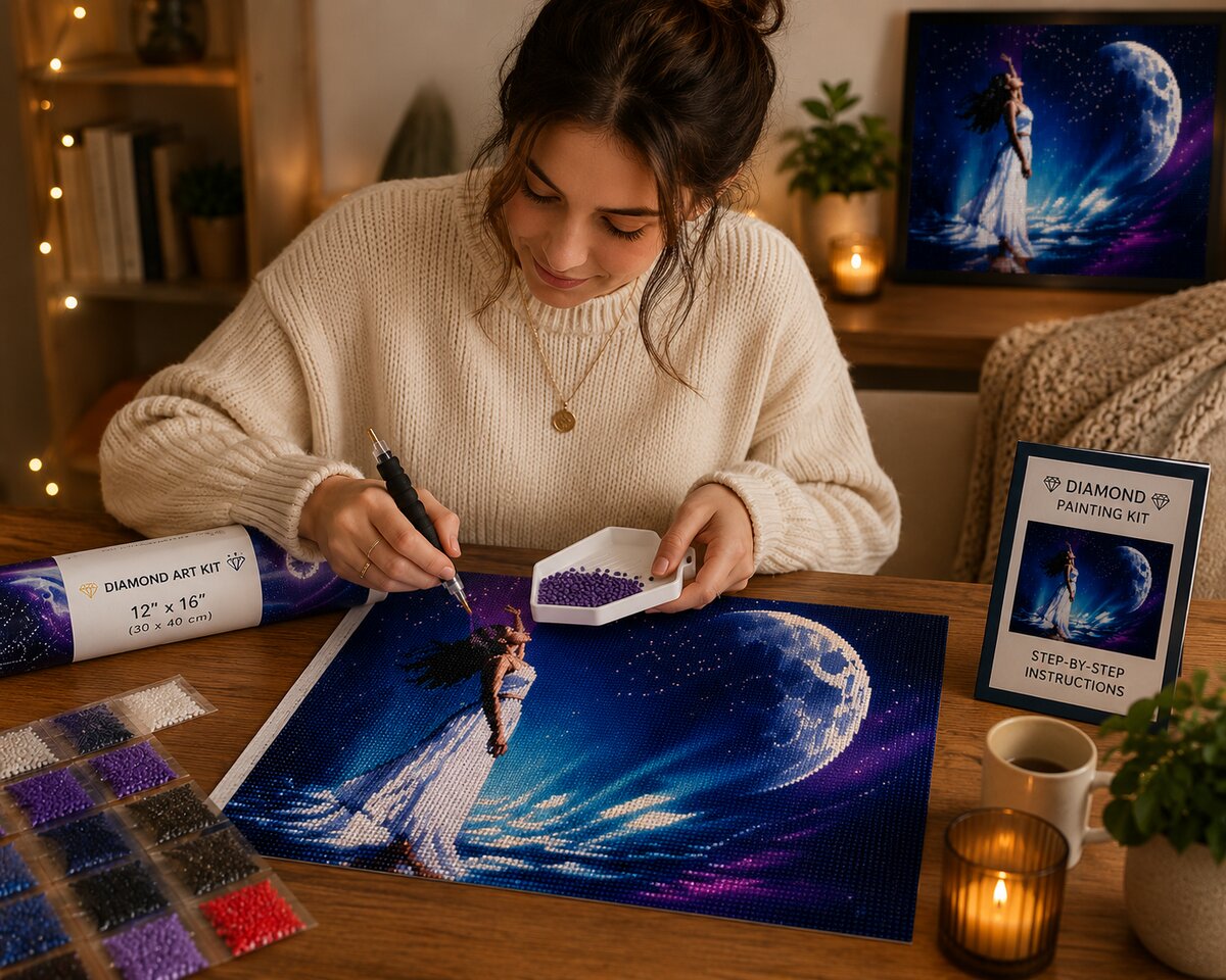 Woman placing diamonds on the ethereal moon goddess canvas at a desk with coffee and fairy lights | Azurra Shop