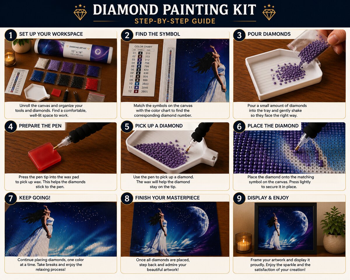 Nine step instructions for completing a diamond painting kit from canvas setup to framing | Azurra Shop