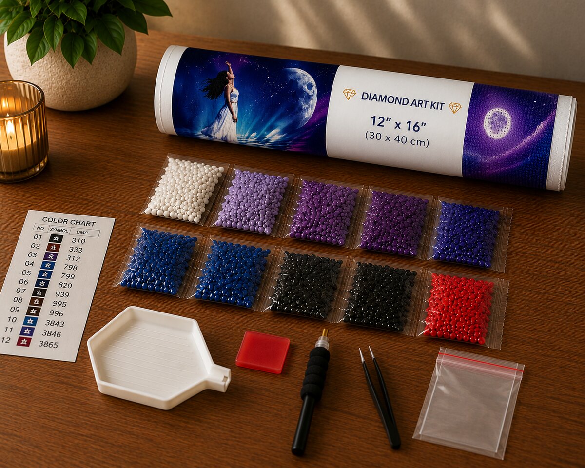 Diamond painting kit supplies including rolled canvas, numbered diamond bags, tray, and applicator pen | Azurra Shop