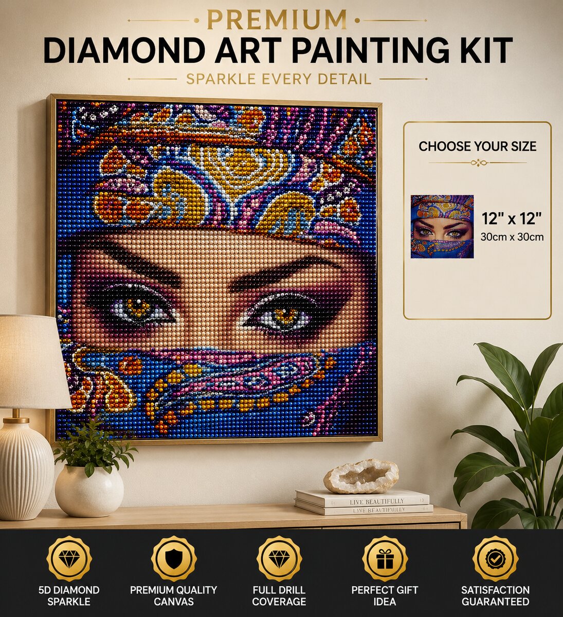 Framed eye diamond painting displayed on a living room wall with a lamp and plant | Azurra Shop