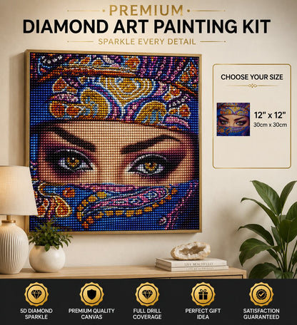Framed eye diamond painting displayed on a living room wall with a lamp and plant | Azurra Shop