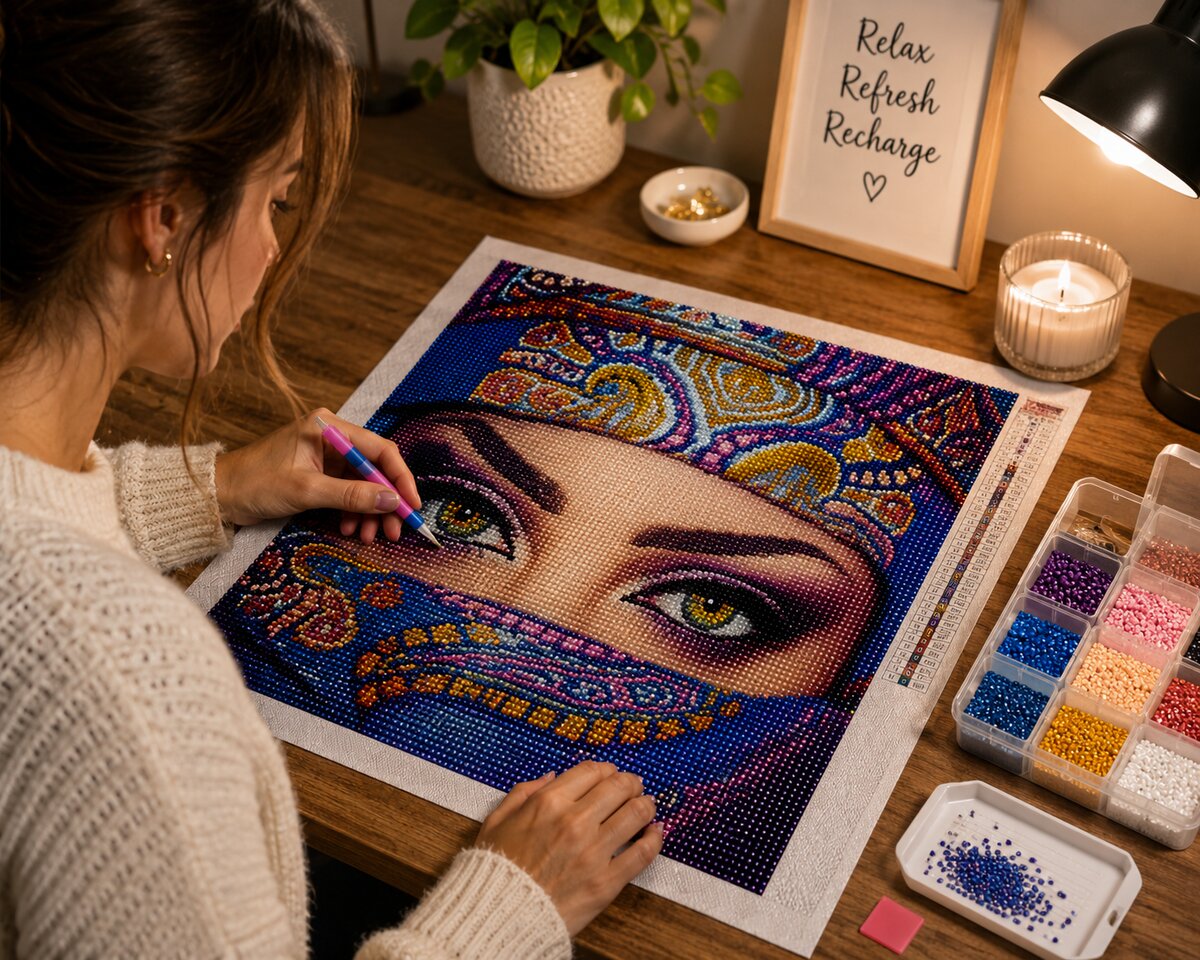 Working on the eye diamond painting kit at a desk with a candle, lamp, and diamond trays nearby | Azurra Shop
