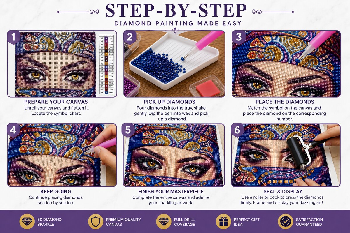 Six step guide showing how to complete the eye diamond painting | Azurra Shop