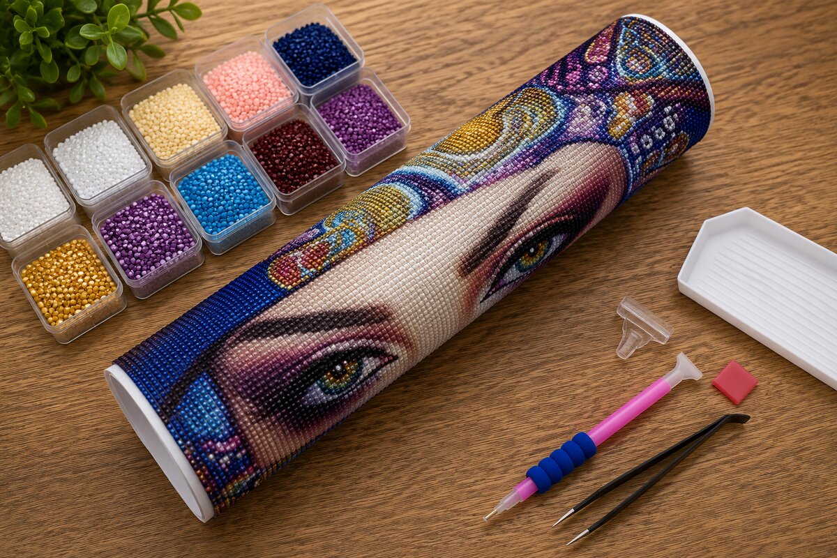 Rolled canvas and full supplies for the eye diamond painting kit, including diamond trays, applicator pen, and tweezers | Azurra Shop