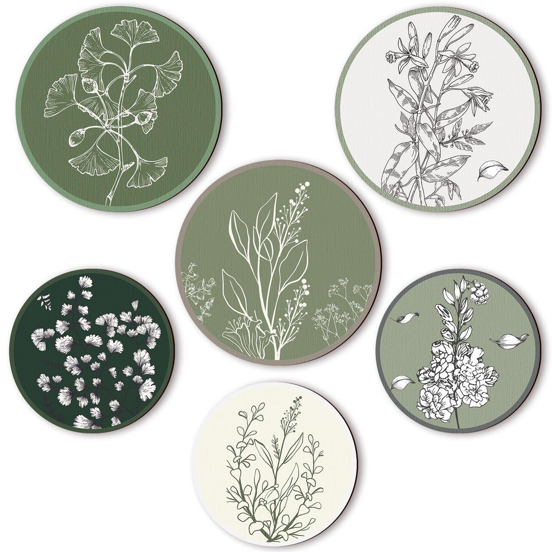 Boho Plant Wall Art Print Set — 6 wooden botanical prints in neutral tones, 8" and 10" diameter — Azurra Shop