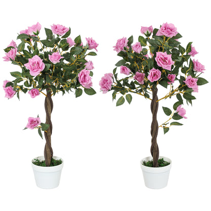 Set of 2 Artificial Rose Floral Trees in Pot — realistic faux silk rose plant in purple, 7" pot, 35" tall, for indoor home decor — Azurra Shop
