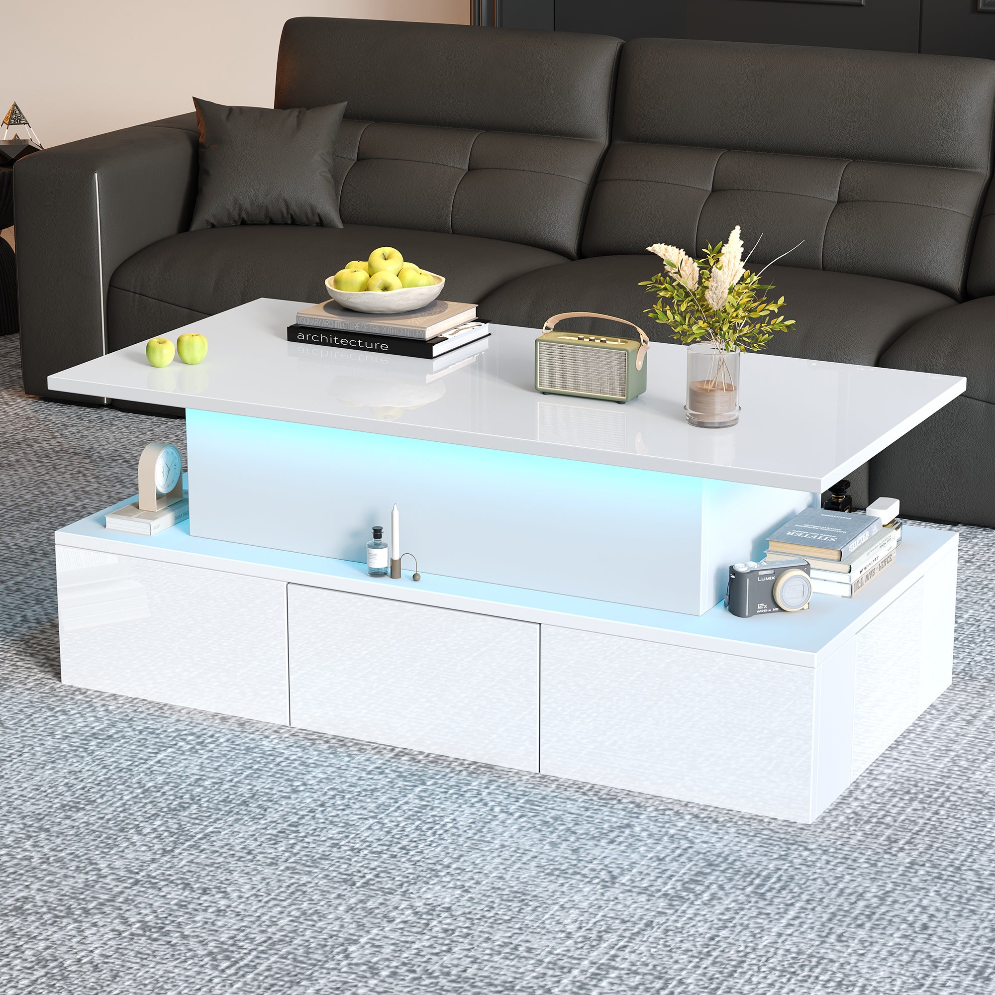 Lift-Top Coffee Table with LED Lights &amp; 4 Drawers — White