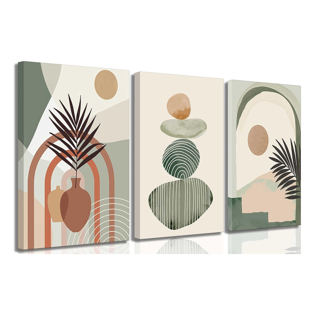 Boho Canvas Wall Art Set — 3 pieces, framed, 12x16", green botanical abstract mid-century boho design — Azurra Shop