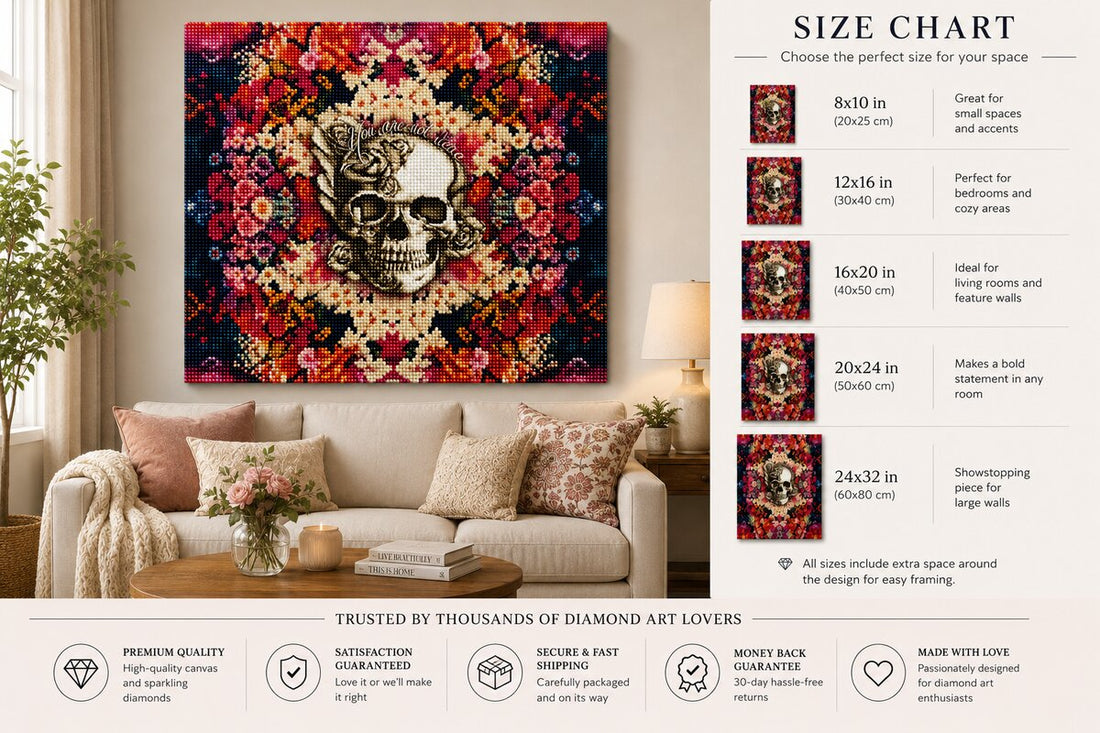 Framed floral mandala skull diamond painting displayed on a living room wall above a sofa with floral pillows | Azurra Shop