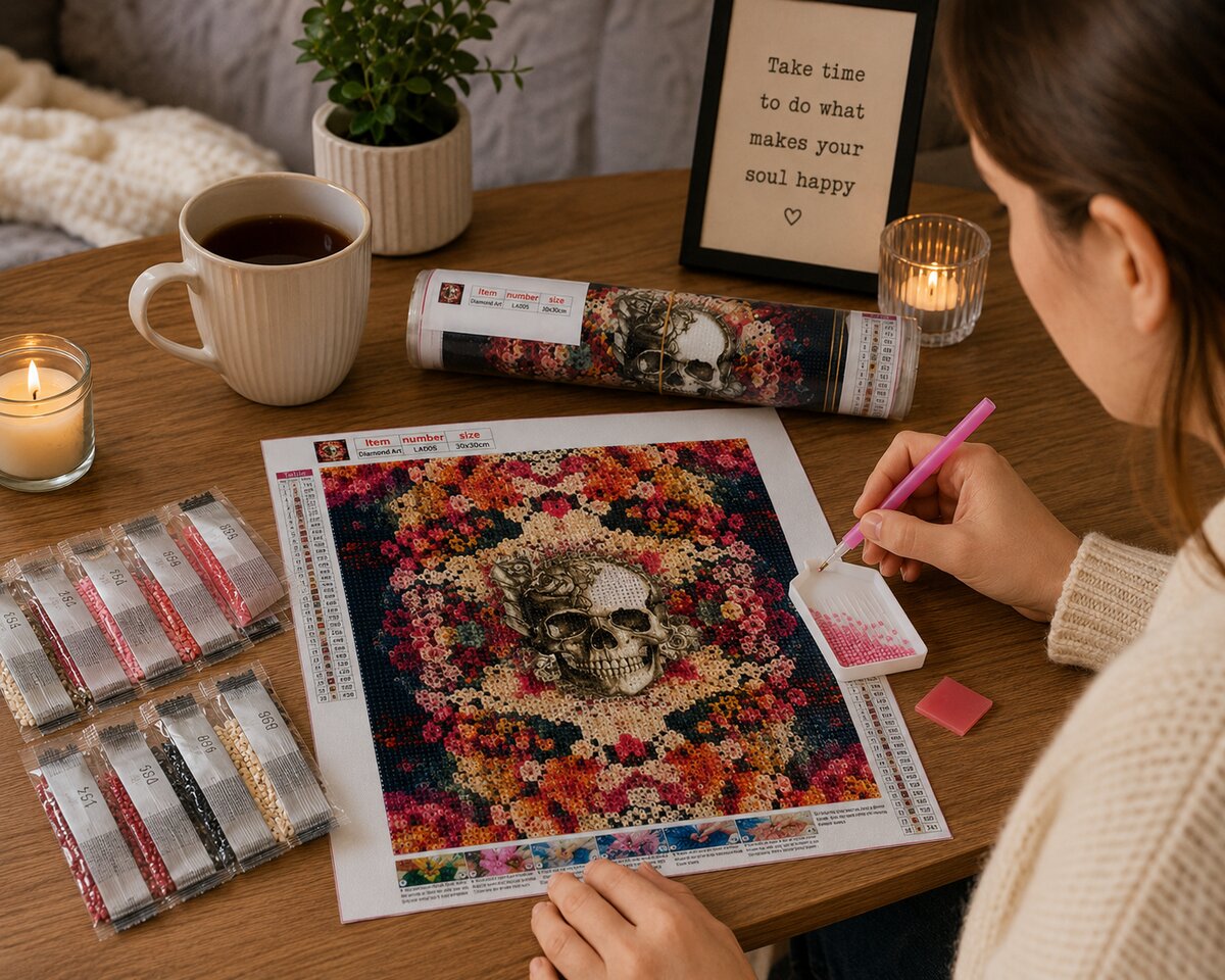 Working on the floral mandala skull kit at a desk with a candle and cup of coffee nearby | Azurra Shop