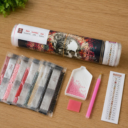 Rolled canvas and full supplies for the floral mandala skull kit, including diamond bags, tray, applicator pen, and color chart | Azurra Shop