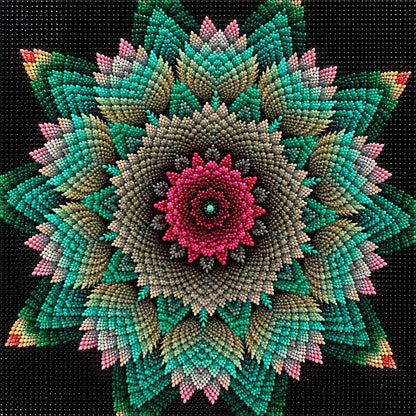 Finished floral star mandala diamond painting with a pink flower center and teal star petals on black | Azurra Shop