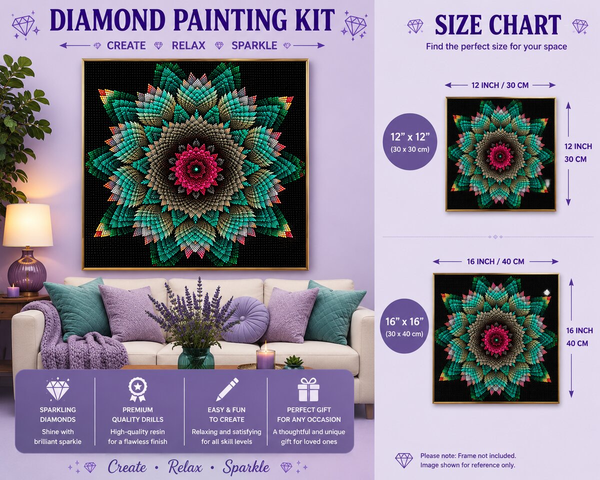 Floral star mandala diamond painting framed on a purple wall above a couch with teal and lavender pillows, with a size chart showing 12 by 12 and 16 by 16 inch options | Azurra Shop