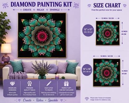 Floral star mandala diamond painting framed on a purple wall above a couch with teal and lavender pillows, with a size chart showing 12 by 12 and 16 by 16 inch options | Azurra Shop