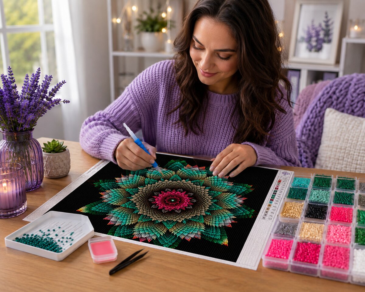 Woman placing diamonds on the floral star mandala canvas at a desk with lavender and a candle | Azurra Shop