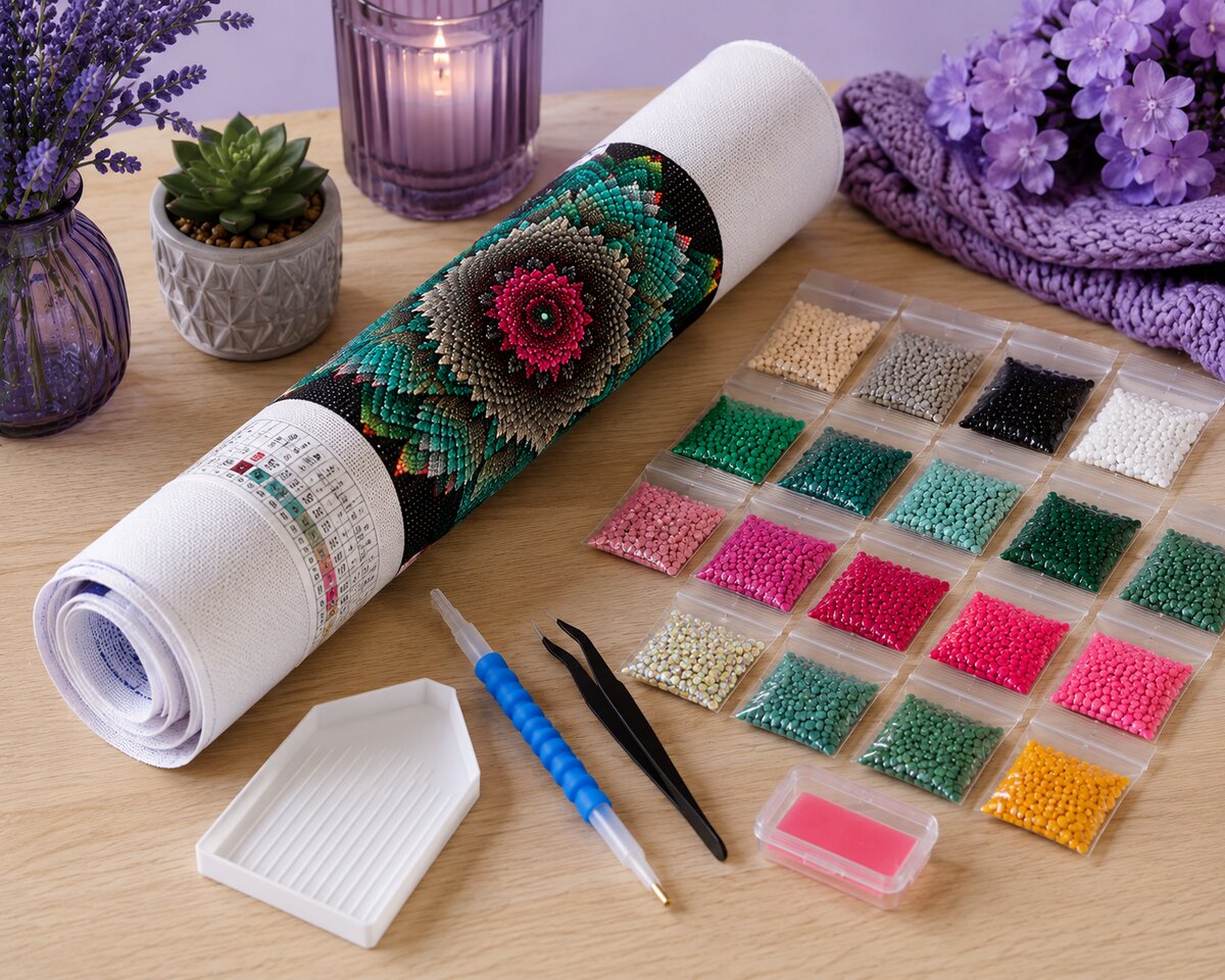Diamond painting kit supplies including rolled canvas, sorted diamond bags, applicator pen, and tray | Azurra Shop