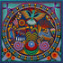 Finished Huichol folk art mandala diamond painting with a hummingbird, deer, peacock, and snails in a circular design on blue | Azurra Shop