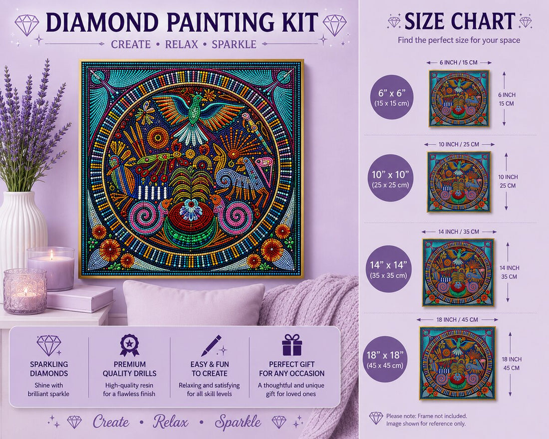 Huichol folk art mandala diamond painting framed on a lavender wall above a couch, with a size chart showing 6 by 6 up to 18 by 18 inch options | Azurra Shop