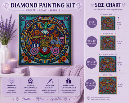 Huichol folk art mandala diamond painting framed on a lavender wall above a couch, with a size chart showing 6 by 6 up to 18 by 18 inch options | Azurra Shop