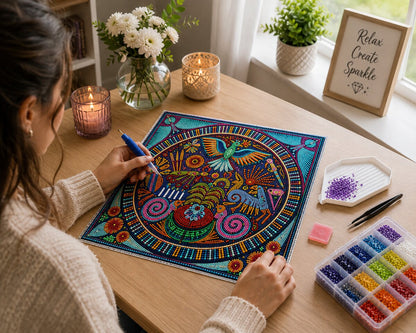 Woman placing diamonds on the Huichol folk art mandala canvas at a desk with candles and flowers | Azurra Shop