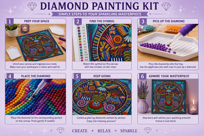 Six step instructions for completing a diamond painting kit from prepping your space to admiring the finished piece | Azurra Shop
