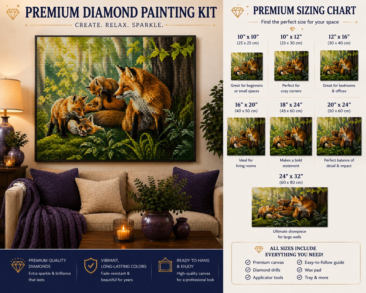 Framed fox family diamond painting displayed on a living room wall above a sofa | Azurra Shop
