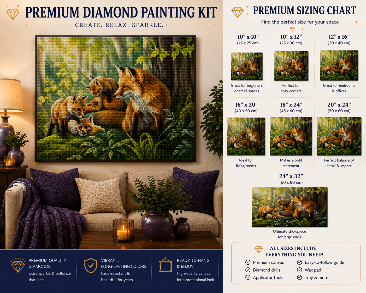 Fox family in the forest diamond painting kit size chart – 7 sizes from 10" x 10" to 24" x 32", framed finished fox family art displayed on living room wall above sofa, premium quality diamonds, vibrant long-lasting colors — Azurra Shop
