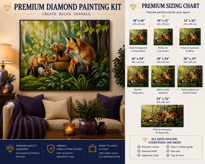 Fox family in the forest diamond painting kit size chart – 7 sizes from 10" x 10" to 24" x 32", framed finished fox family art displayed on living room wall above sofa, premium quality diamonds, vibrant long-lasting colors — Azurra Shop
