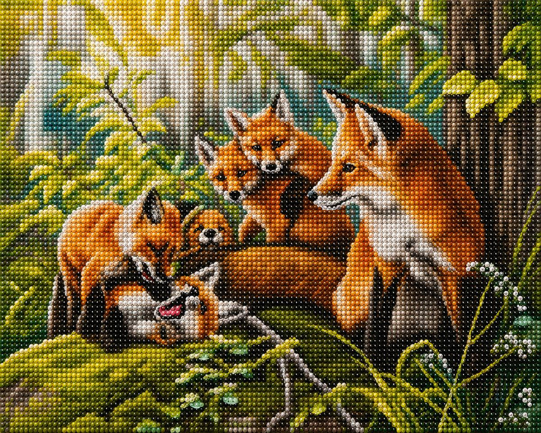 Close up of the finished fox family in the forest diamond painting | Azurra Shop