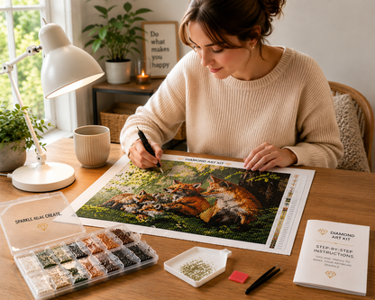 Woman creating fox family in the forest diamond painting kit at bright craft desk with sorted diamond drills in organizer tray, applicator pen, wax pad, instruction booklet and lamp — Azurra Shop
