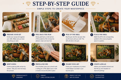 Eight step guide showing how to complete the fox family diamond painting | Azurra Shop