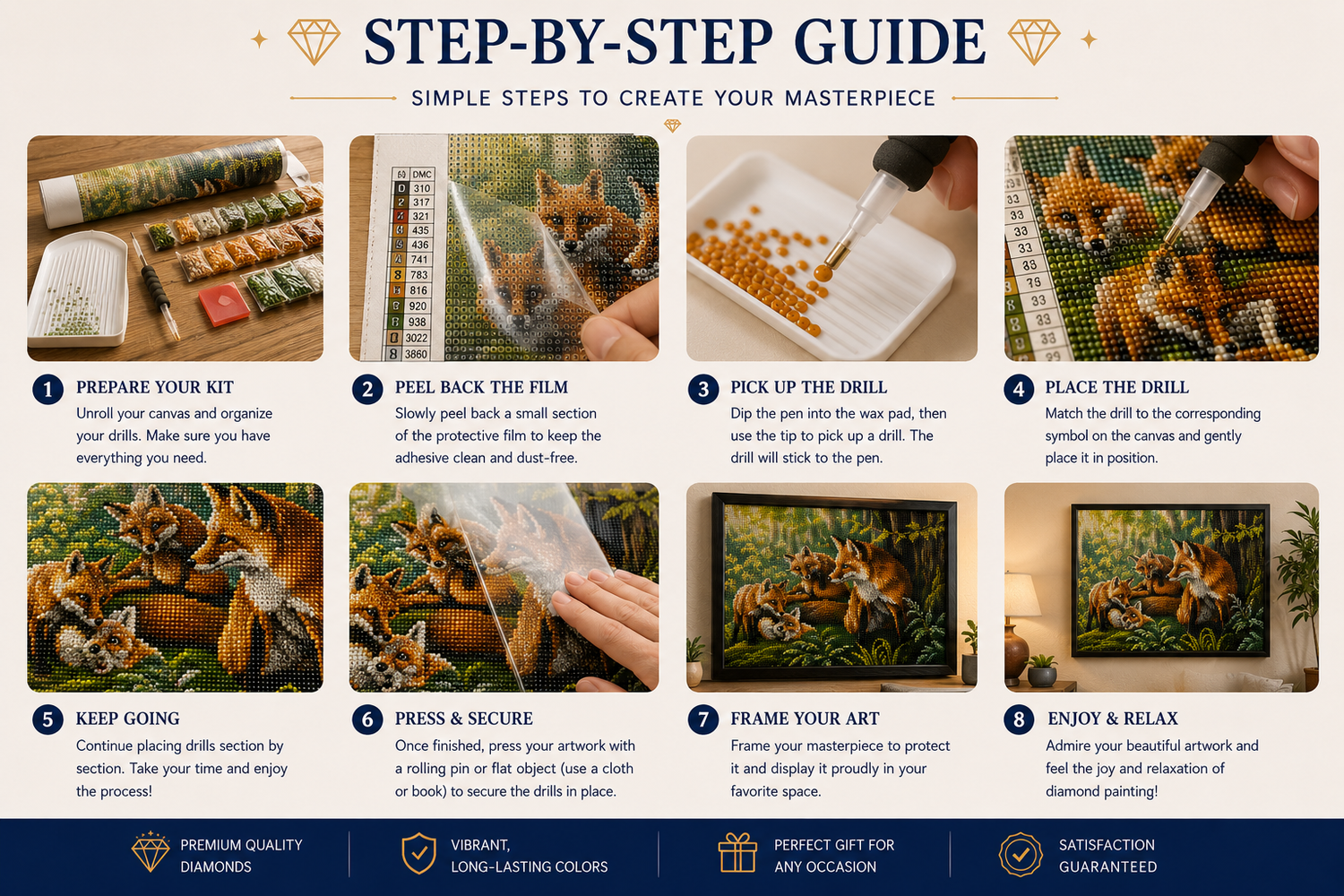 Fox family in the forest diamond painting kit easy step-by-step guide – 8 illustrated steps showing how to prepare kit, peel film, pick up and place diamond drills, press to secure, frame and enjoy finished fox artwork — Azurra Shop
