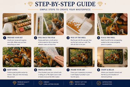 Fox family in the forest diamond painting kit easy step-by-step guide – 8 illustrated steps showing how to prepare kit, peel film, pick up and place diamond drills, press to secure, frame and enjoy finished fox artwork — Azurra Shop
