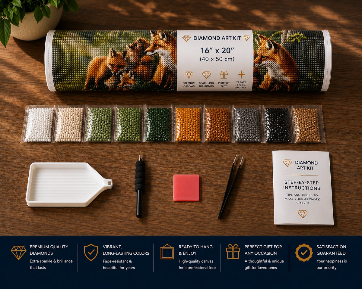 Rolled canvas and supplies for the fox family kit, including drill packets, applicator pen, tray, tweezers, and wax pad | Azurra Shop
