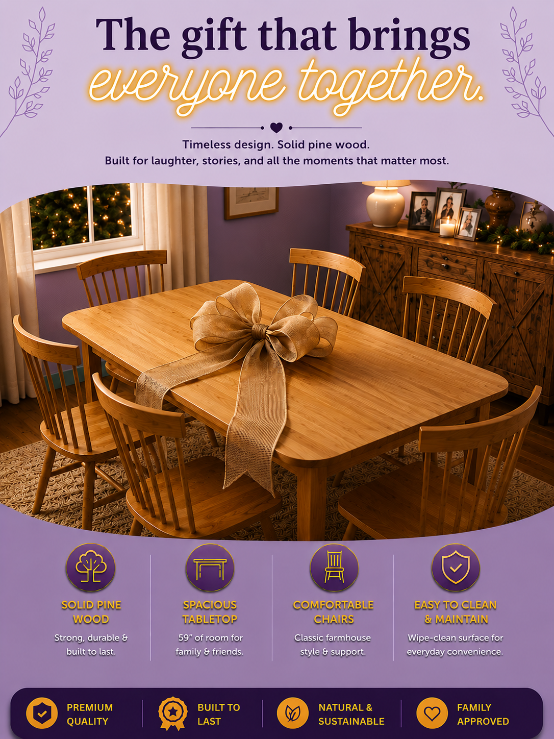 59" Pine Wood Rustic Dining Table for 6