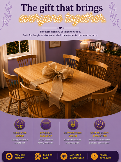 59" Pine Wood Rustic Dining Table for 6