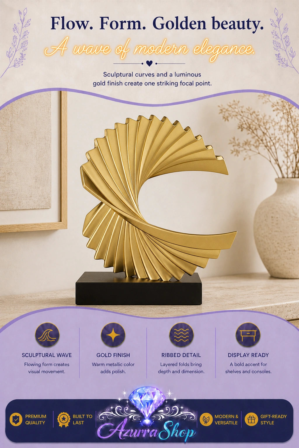 A gold metallic sculptural wave figurine displayed on a black rectangular base, set against a warm beige interior background with a vase and framed art. The image includes promotional text and a purple footer banner with the brand name "Azurra Shop".